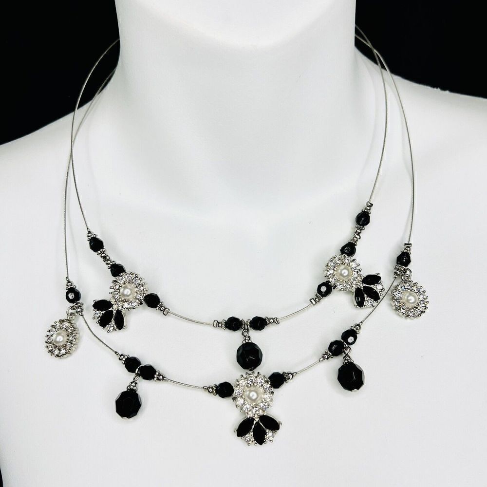 Ruby Rd. Two Strand Wire Layered Rhinestone Necklace Silver Black Tone 4448